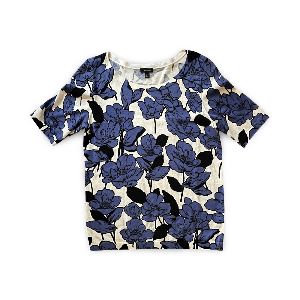 Talbots Blue Floral Top Shirt Women Medium Short Sleeve Stretch Casual